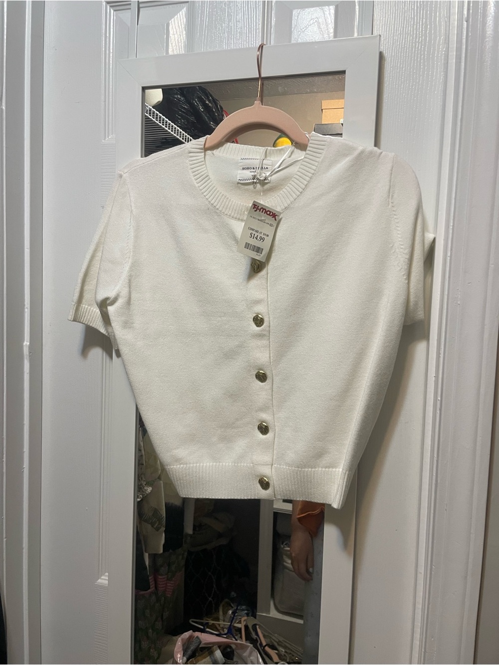 Faux Pearl Button Short-Sleeve Cardigan - White